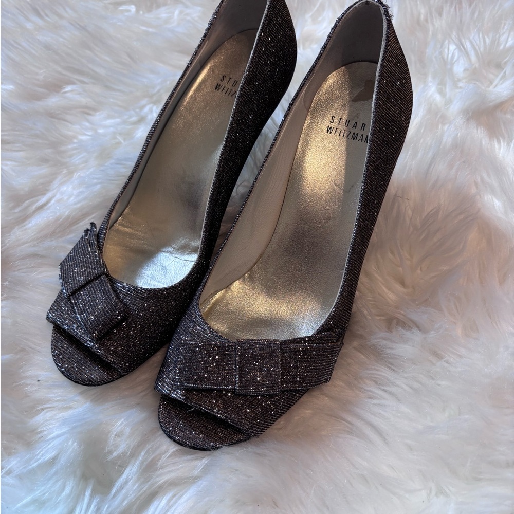 Stuart Weitzman Women's Glitter Peep-Toe‎ Heels - Black 7 1/2 M
